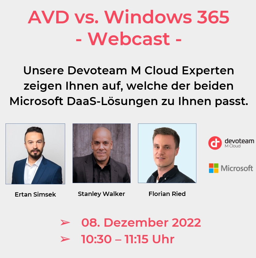 AVD vs. Windows 365 - Mit Devoteam M Cloud den richtigen Cloud-Desktop für jeden Use Case (Bildquelle: @ Devoteam) AVD vs. Windows 365 - Mit Devoteam M Cloud den richtigen Cloud-Desktop für jeden Use Case (Bildquelle: @ Devoteam)