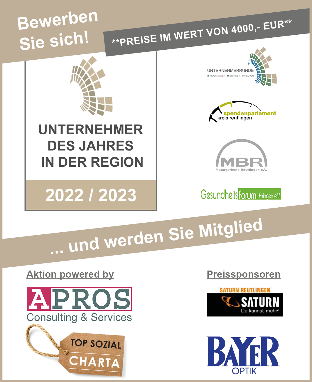 Start Wettbewerb Unternehmer des Jahres in der Region Reutlingen (Die Bildrechte liegen bei dem Verfasser der Mitteilung.)