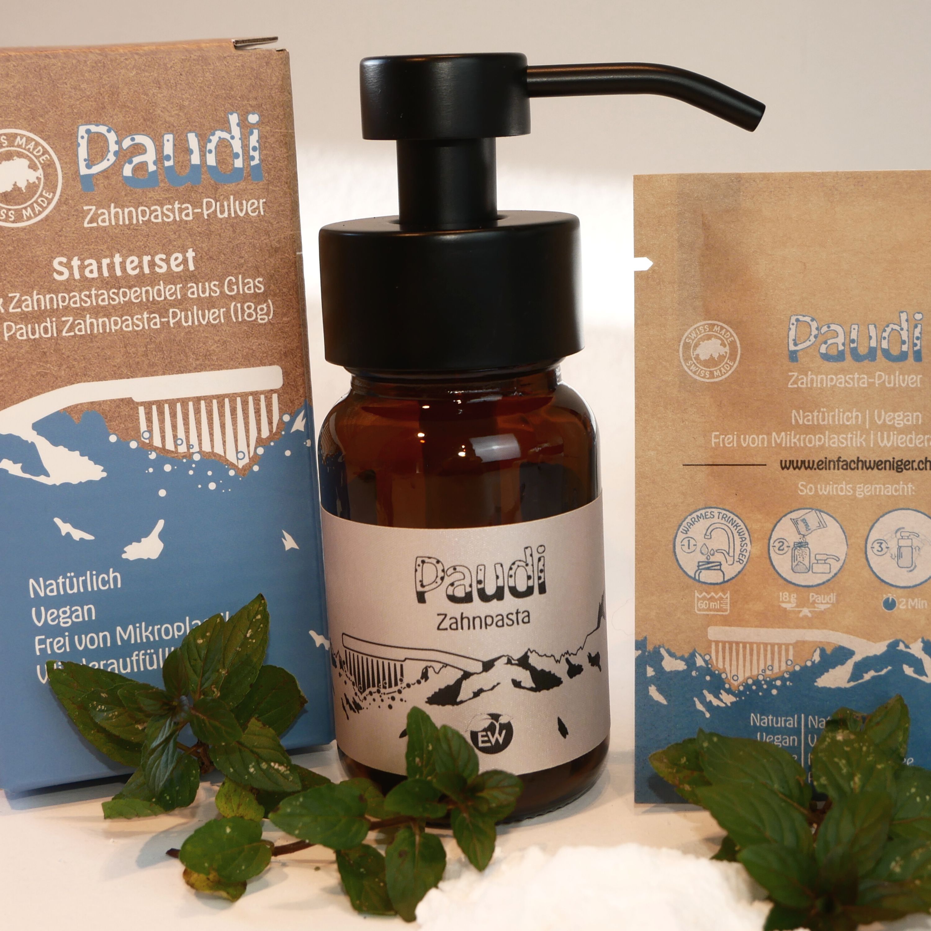 Das Paudi Zahnpasta Pulver Starterset bestehend aus Flasche und Zahnpulver Das Paudi Zahnpasta Pulver Starterset bestehend aus Flasche und Zahnpulver