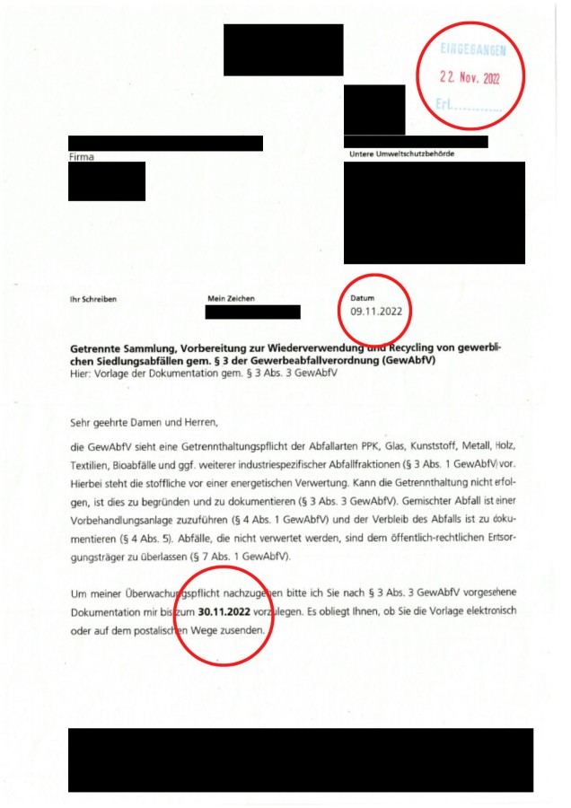 Anforderung der Dokumentation gemäß § 3 Abs. 3 GewAbfV durch die Behörde (© Dr. Hartmut Frenzel) Anforderung der Dokumentation gemäß § 3 Abs. 3 GewAbfV durch die Behörde (© Dr. Hartmut Frenzel)