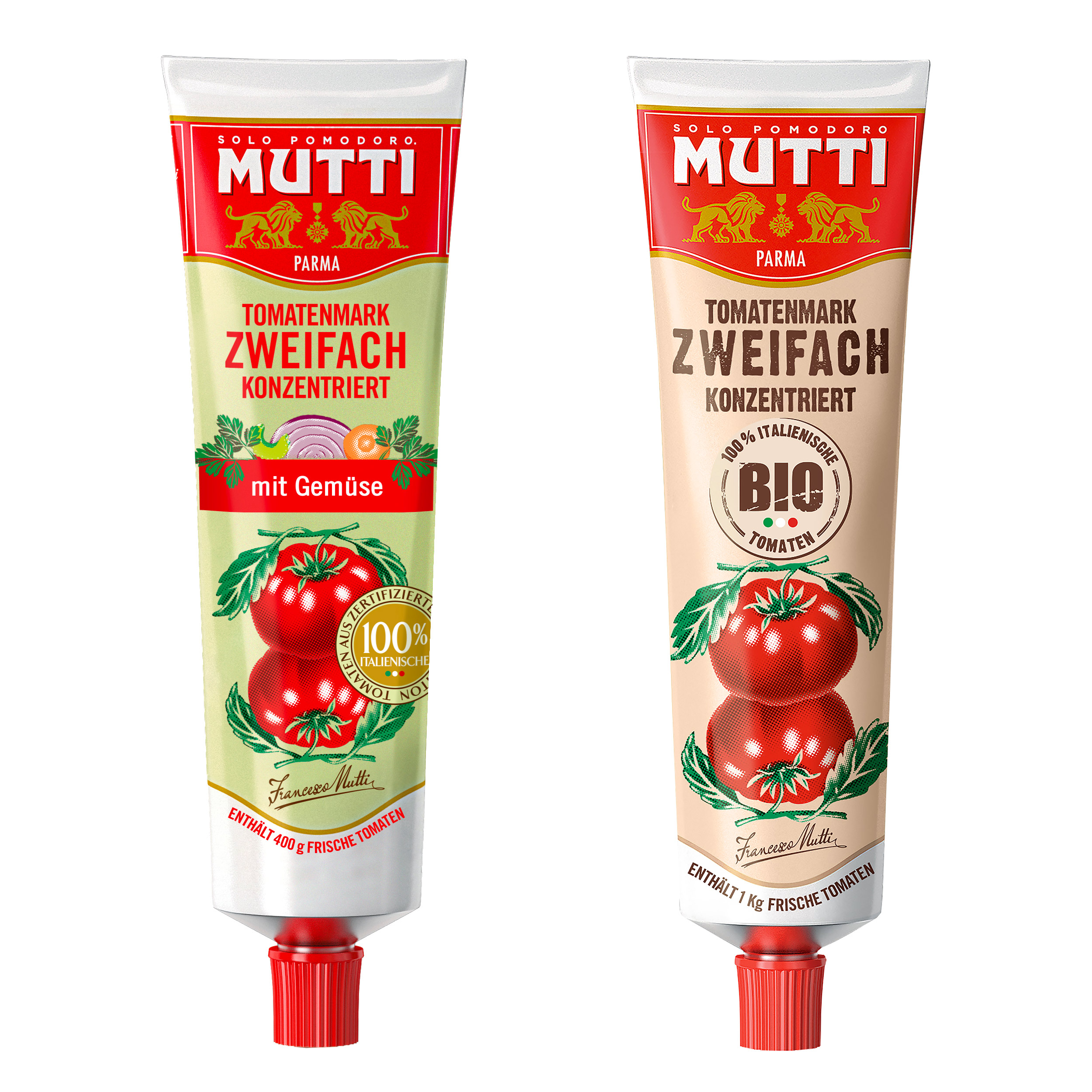 Mutti zweifach konzentriertes Tomatenmark mit Gemüse und zweifach konzentriertes Tomatenmark Bio (Die Bildrechte liegen bei dem Verfasser der Mitteilung.) Mutti zweifach konzentriertes Tomatenmark mit Gemüse und zweifach konzentriertes Tomatenmark Bio (Die Bildrechte liegen bei dem Verfasser der Mitteilung.)