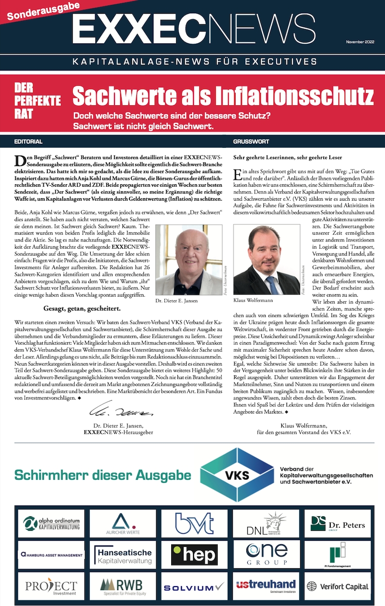 EXXECNEWS Sonderausgabe: Sachwert-Investments als Waffe gegen Geldentwertung (Die Bildrechte liegen bei dem Verfasser der Mitteilung.) EXXECNEWS Sonderausgabe: Sachwert-Investments als Waffe gegen Geldentwertung (Die Bildrechte liegen bei dem Verfasser der Mitteilung.)