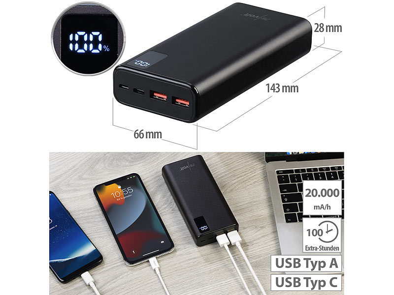 revolt USB-Powerbank PB-520.v2, 20.000 mAh, USB-C PD, Display, Metall, QC 3.0, www.pearl.de (Die Bildrechte liegen bei dem Verfasser der Mitteilung.) revolt USB-Powerbank PB-520.v2, 20.000 mAh, USB-C PD, Display, Metall, QC 3.0, www.pearl.de (Die Bildrechte liegen bei dem Verfasser der Mitteilung.)