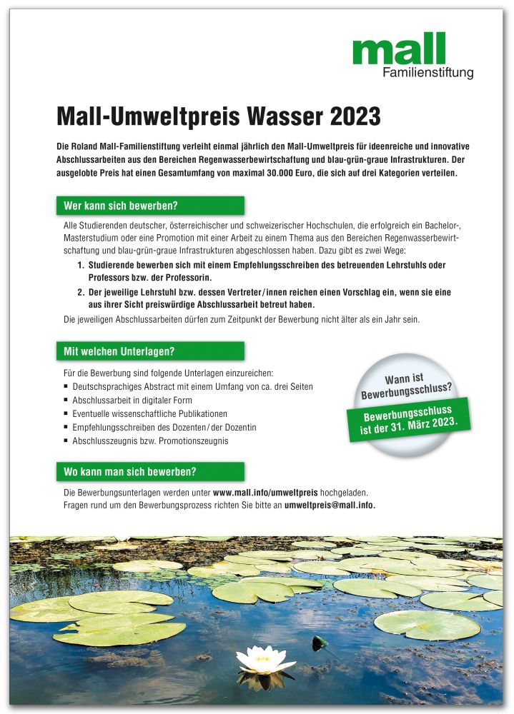 Der Umweltpreis Wasser der Mall-Familienstiftung wird 2023 erstmals vergeben. (Die Bildrechte liegen bei dem Verfasser der Mitteilung.)
