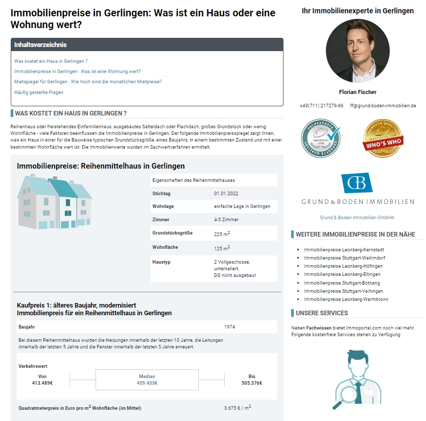 Preisspiegel: Immobilienpreise Gerlingen, Stuttgart (Die Bildrechte liegen bei dem Verfasser der Mitteilung.)