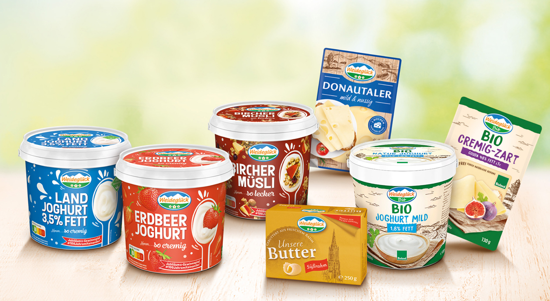 Weideglück bietet eine große Auswahl an Natur- und Fruchtjoghurts, Desserts, Käse und Butter. (Bildquelle: Milchwerke Schwaben) Weideglück bietet eine große Auswahl an Natur- und Fruchtjoghurts, Desserts, Käse und Butter. (Bildquelle: Milchwerke Schwaben)