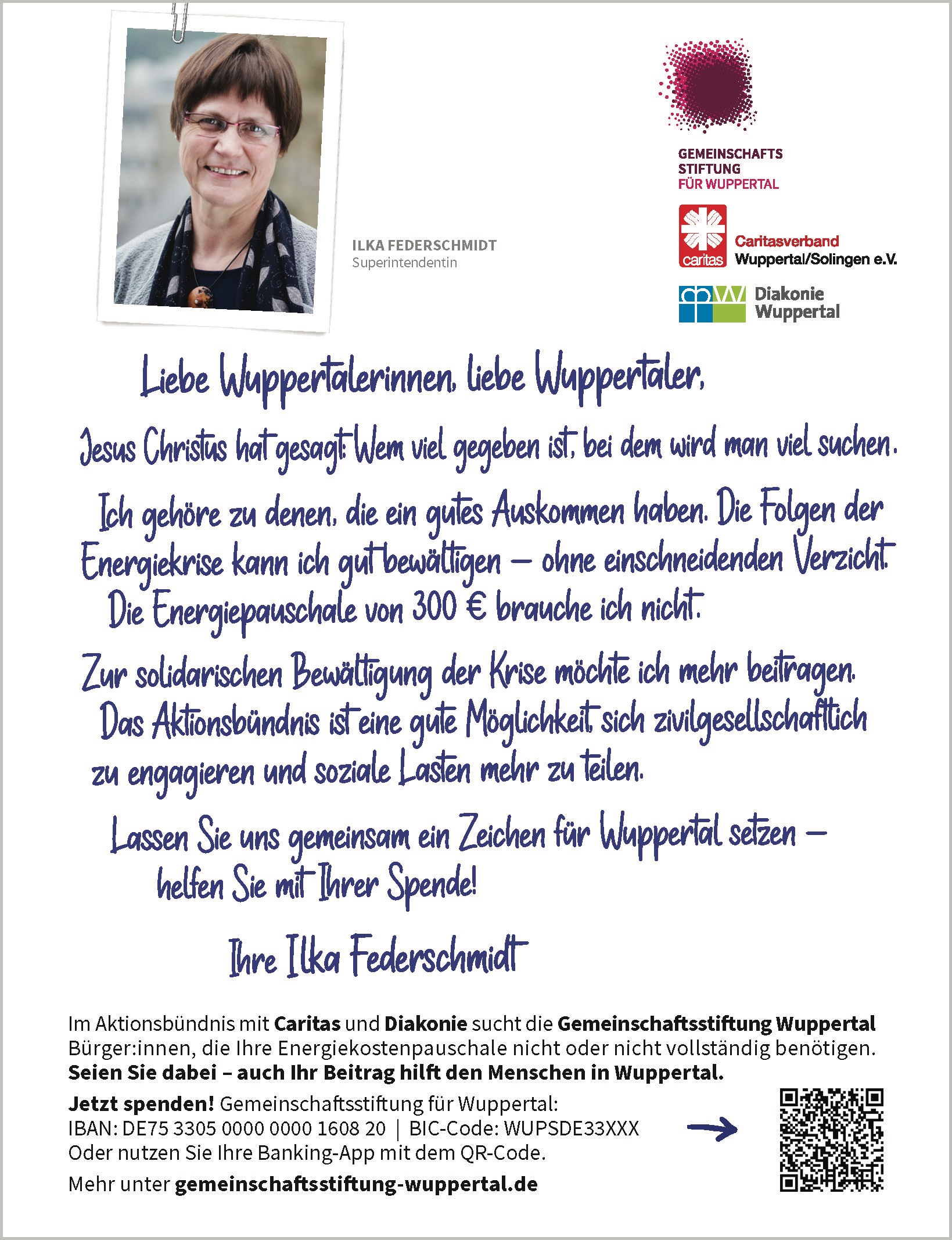 Superintendentin Ilka Federschmidt für das Aktionsbündnis Wuppertal: Kampagne von ipanema2c (Die Bildrechte liegen bei dem Verfasser der Mitteilung.) Superintendentin Ilka Federschmidt für das Aktionsbündnis Wuppertal: Kampagne von ipanema2c (Die Bildrechte liegen bei dem Verfasser der Mitteilung.)