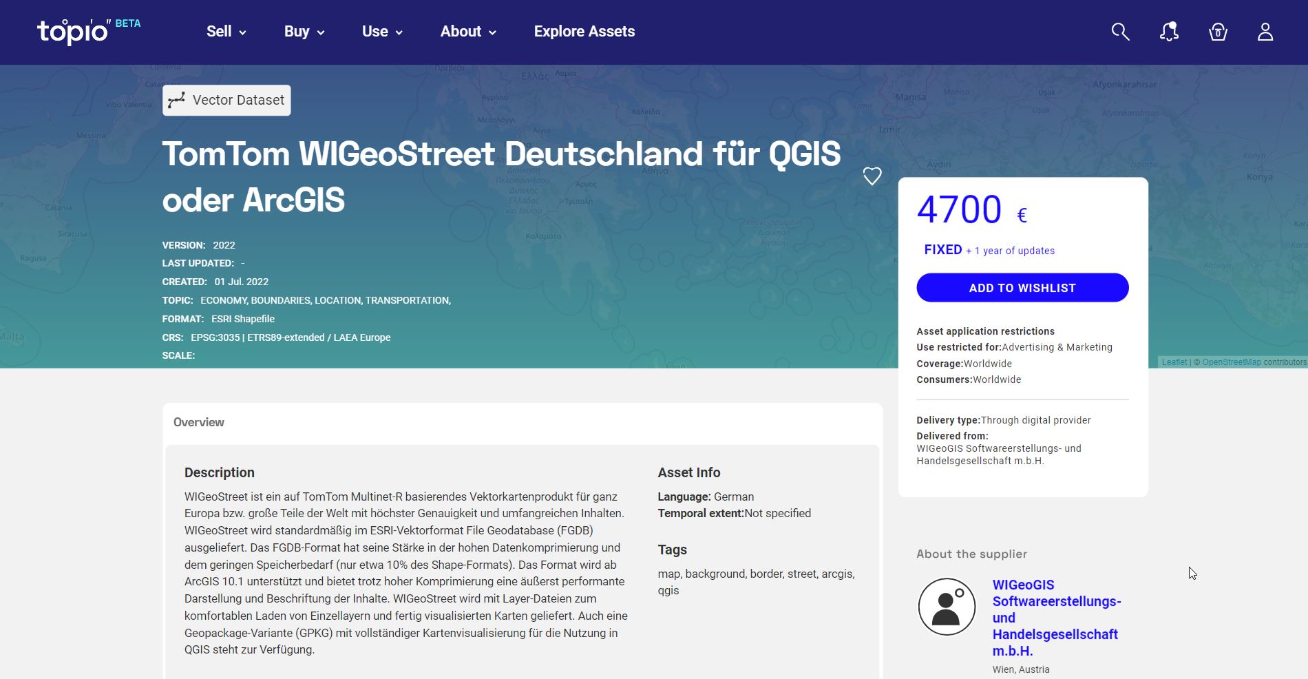 Beispiel für ein Angebot auf Topio.market: TomTom WIGeoStreet Deutschland für QGIS oder ArcGIS (Die Bildrechte liegen bei dem Verfasser der Mitteilung.)