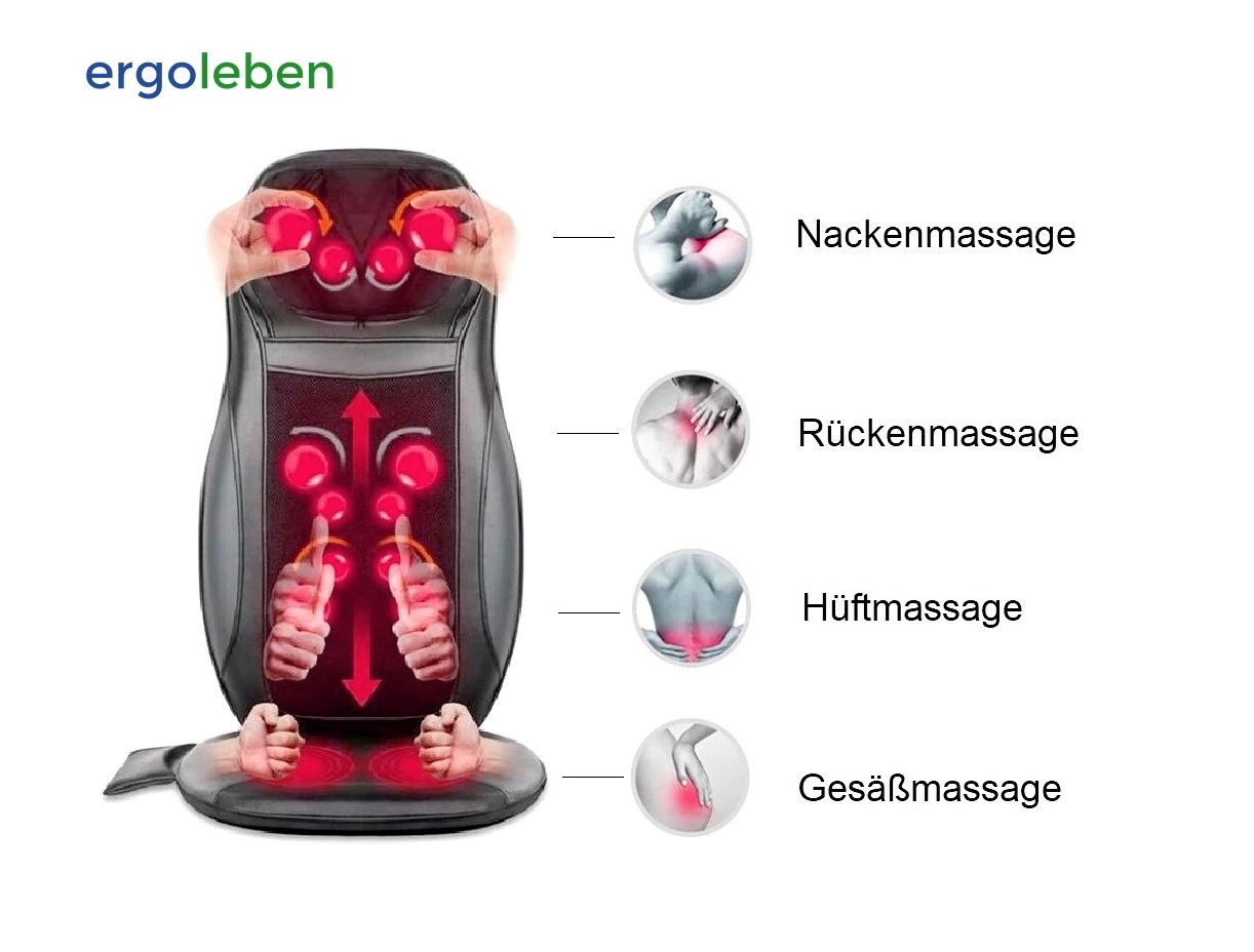ergoleben kommt mit gleich drei neuen Massagegeräten: Sitzauflage (Abb.), Ganzkörpermatte und Kopfmassagegerät