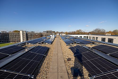 Blicküber einen Teil der neu installierten PV-Anlage am Standort Gelsenkirchen. (Die Bildrechte liegen bei dem Verfasser der Mitteilung.)