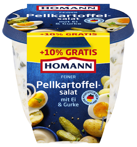 Der Pellkartoffelsalat in der Vorteilspackung mit 10 % mehr Inhalt (Bildquelle: HOMANN) Der Pellkartoffelsalat in der Vorteilspackung mit 10 % mehr Inhalt (Bildquelle: HOMANN)