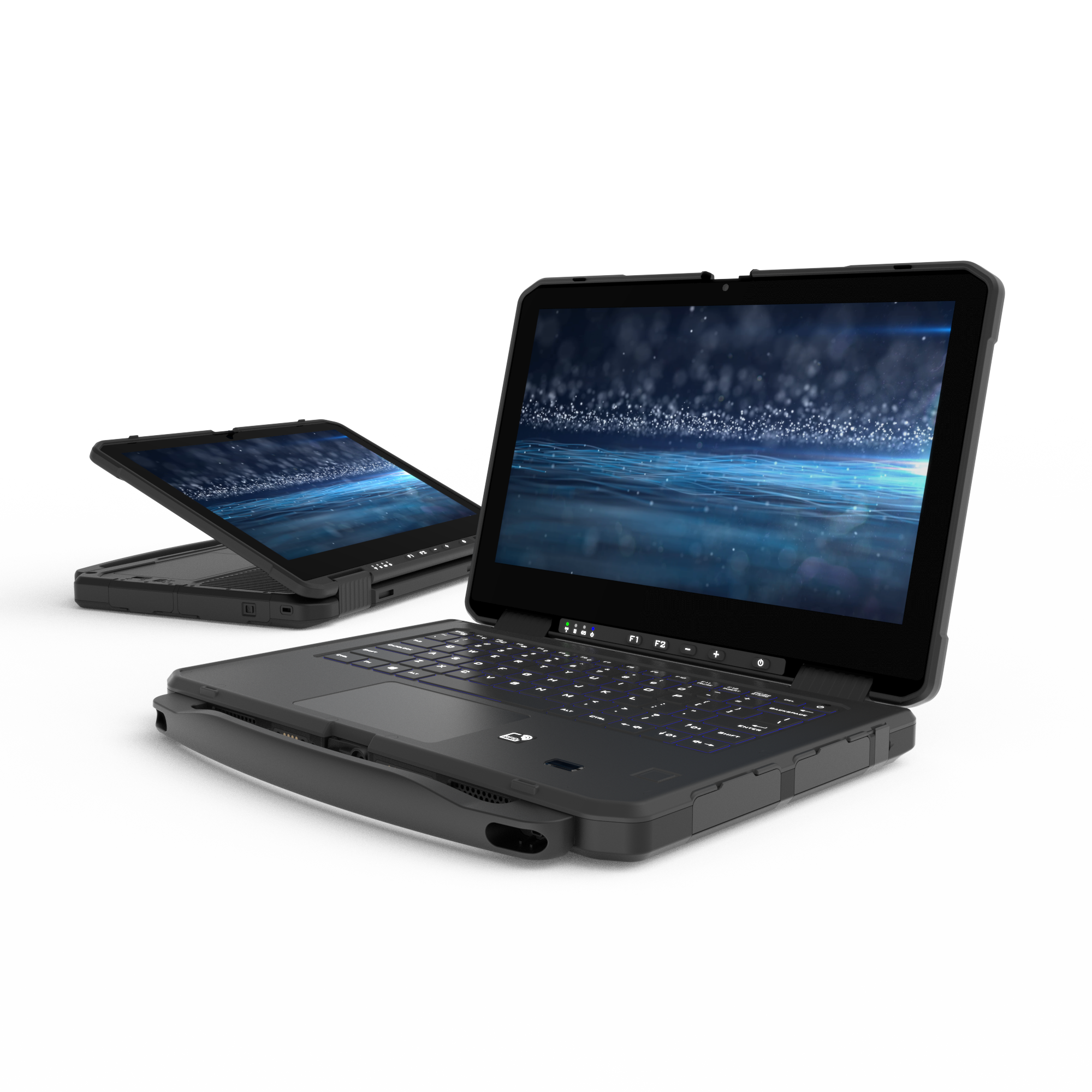 Durch einfaches Schwenken des Displays um 360° wird aus dem Heavy Duty Laptop ein Rugged Industrial Tablet PC.