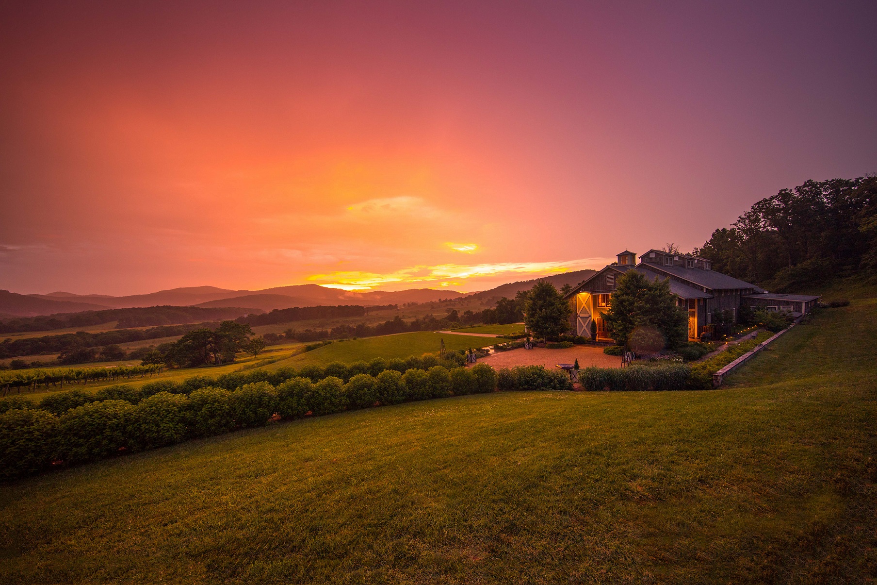 Romantischer Sonnenuntergang bei einem Weingut bei Charlottesville, Virginia. (Bildquelle: Charlottesville Albemarle CVB)