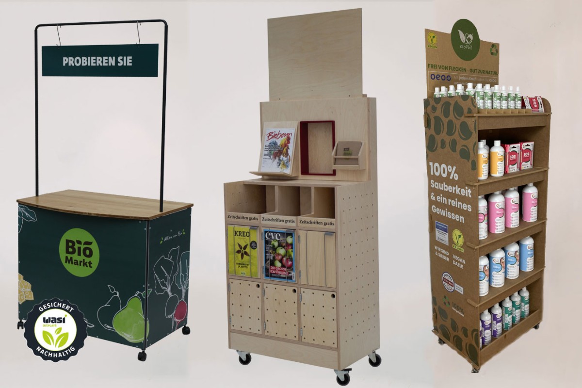 Nachhaltige Verkaufsdisplays aus Holz bietet Wasi-Displays: Alle Hölzer sind FSC-zertifiziert. (© Wasi-Displays)