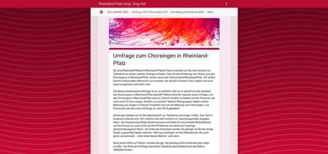 Umfrageformular zum Chorsingen in Rheinland-Pfalz jetzt online. Foto: Screenshot CV RLP (Die Bildrechte liegen bei dem Verfasser der Mitteilung.) Umfrageformular zum Chorsingen in Rheinland-Pfalz jetzt online. Foto: Screenshot CV RLP (Die Bildrechte liegen bei dem Verfasser der Mitteilung.)