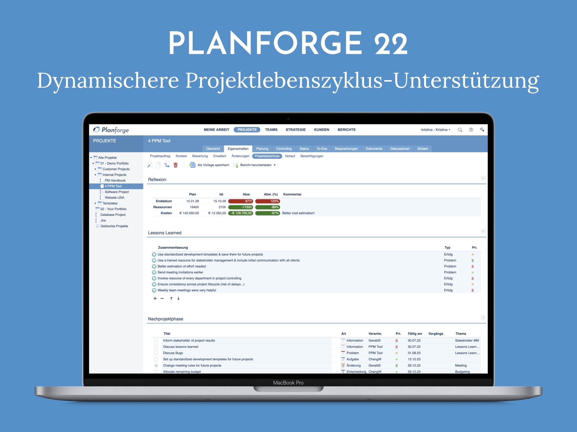 Planforge 22 unterstützt einen neuen dynamischen Projektabschluss, Lessons Learned und mehr. (Bildquelle: ONEPOINT Projects) Planforge 22 unterstützt einen neuen dynamischen Projektabschluss, Lessons Learned und mehr. (Bildquelle: ONEPOINT Projects)