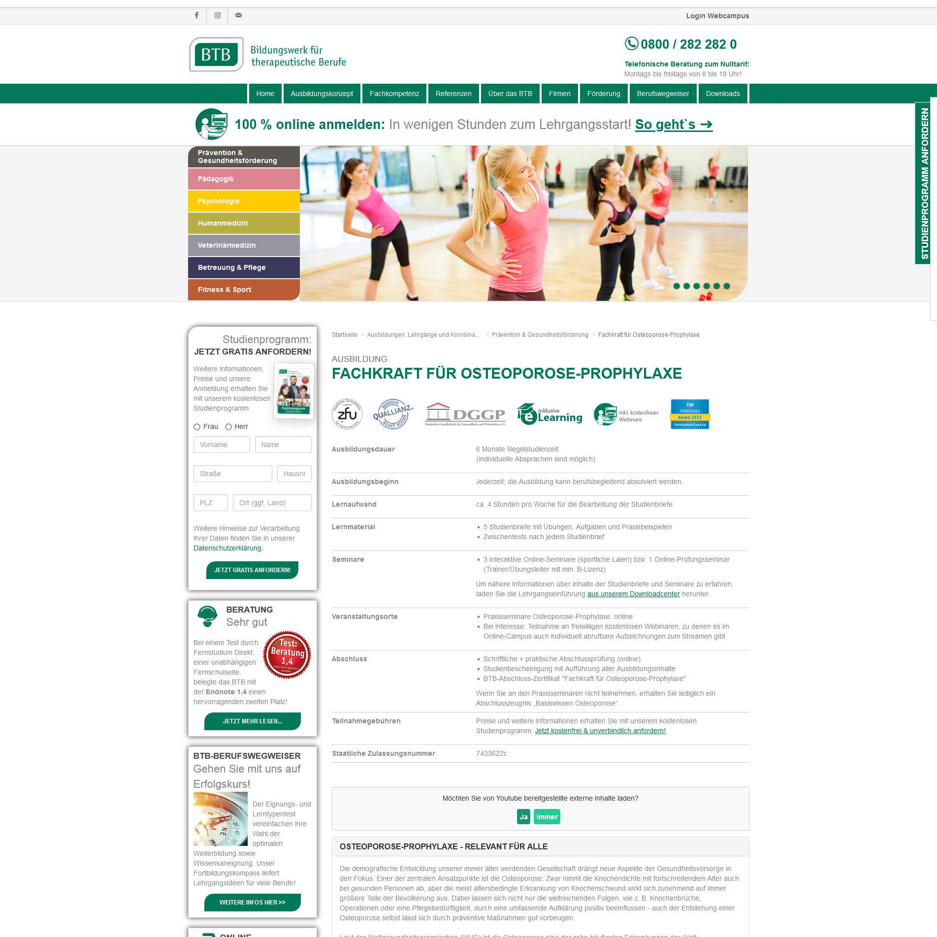 Screenshot der Ausbildung zur Fachkraft für Osteoporose-Prophylaxe (Die Bildrechte liegen bei dem Verfasser der Mitteilung.)