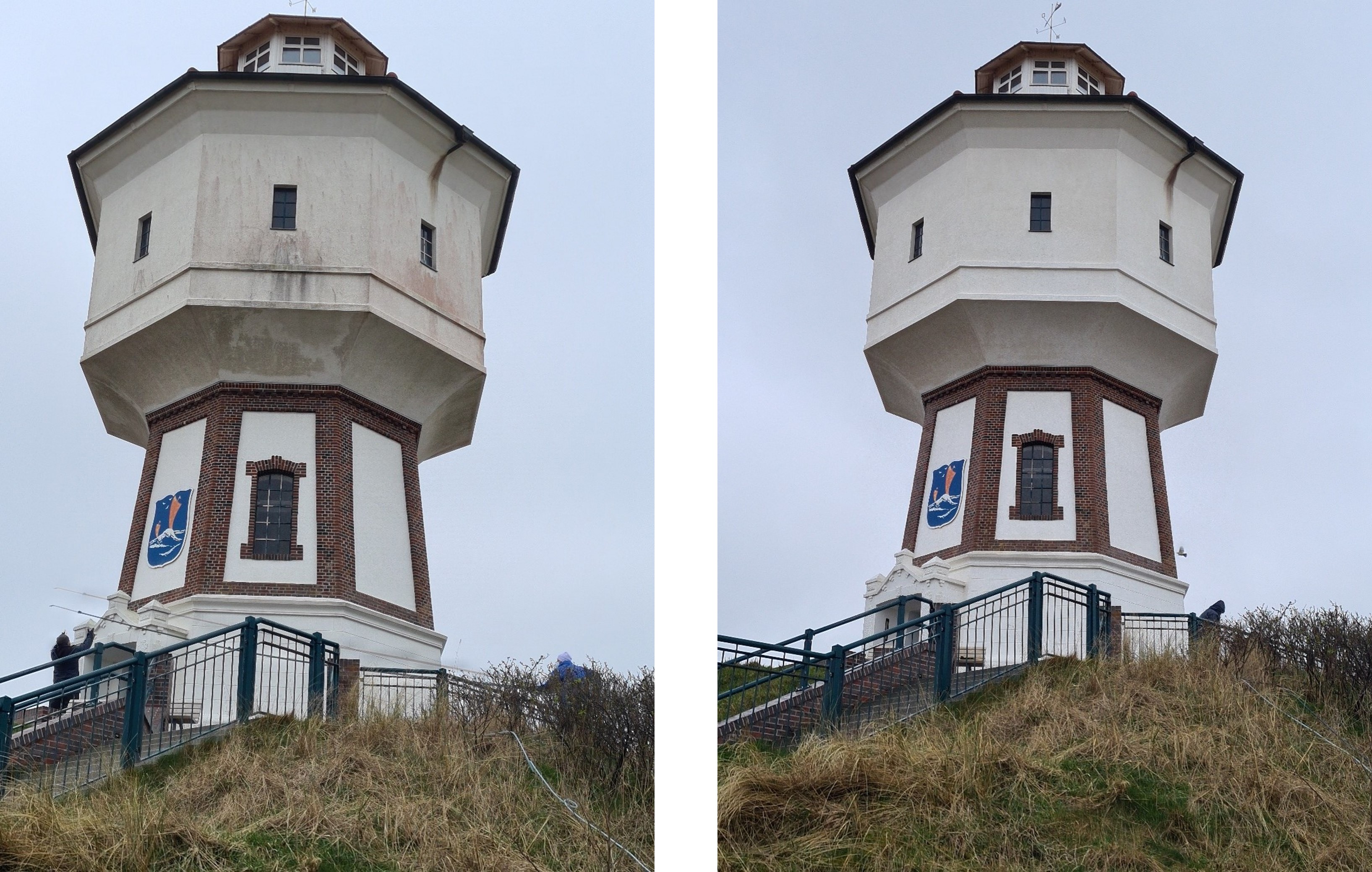 Wasserturm vor und nach der Reinigung Wasserturm vor und nach der Reinigung