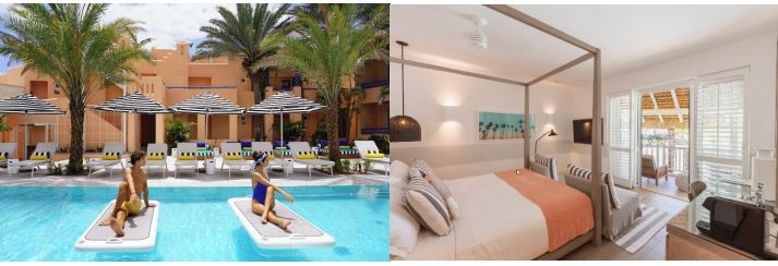 v.l.: Pool Yoga im SALT of Palmar, Wellness Suiten im LUX* Grand Gaube (Bildquelle: @ The Lux Collective)