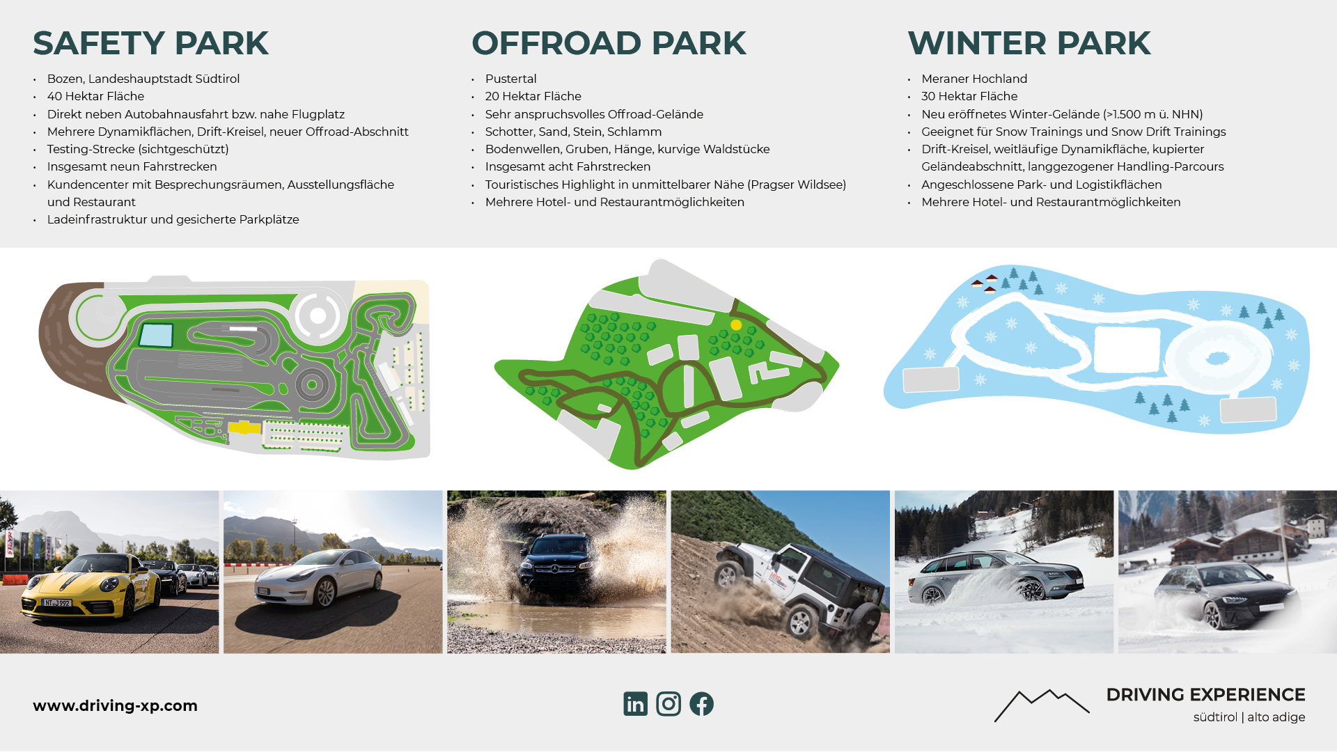 Die drei Infrastrukturen von Driving Experience Südtirol: Onroad - Offroad - Snow