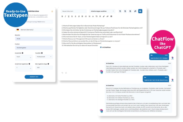 Texttypen und ChatFlow zur einfachen Nutzung von KI (Die Bildrechte liegen bei dem Verfasser der Mitteilung.) Texttypen und ChatFlow zur einfachen Nutzung von KI (Die Bildrechte liegen bei dem Verfasser der Mitteilung.)