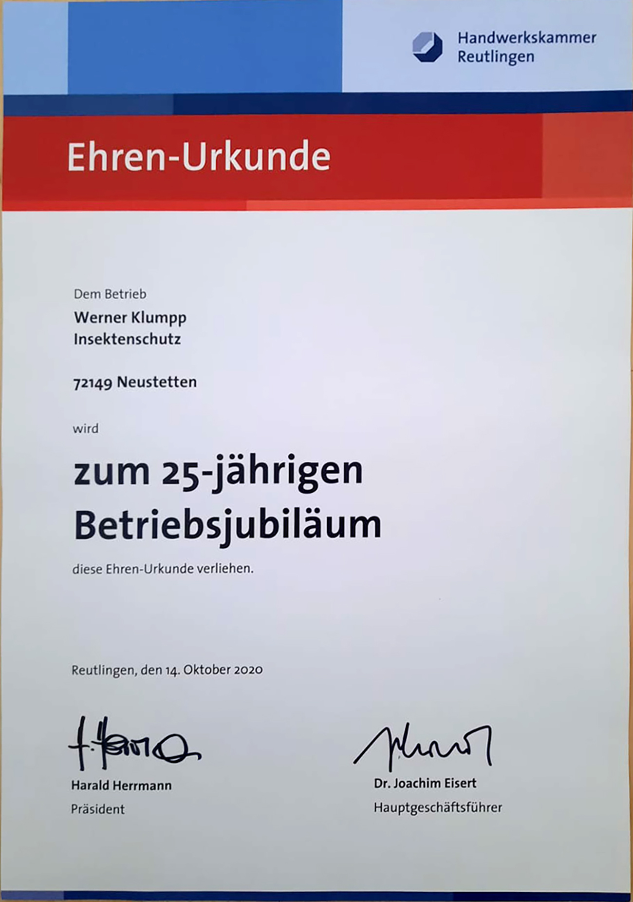 Ehren Urkunde der Handwerkskammer Reutlingen