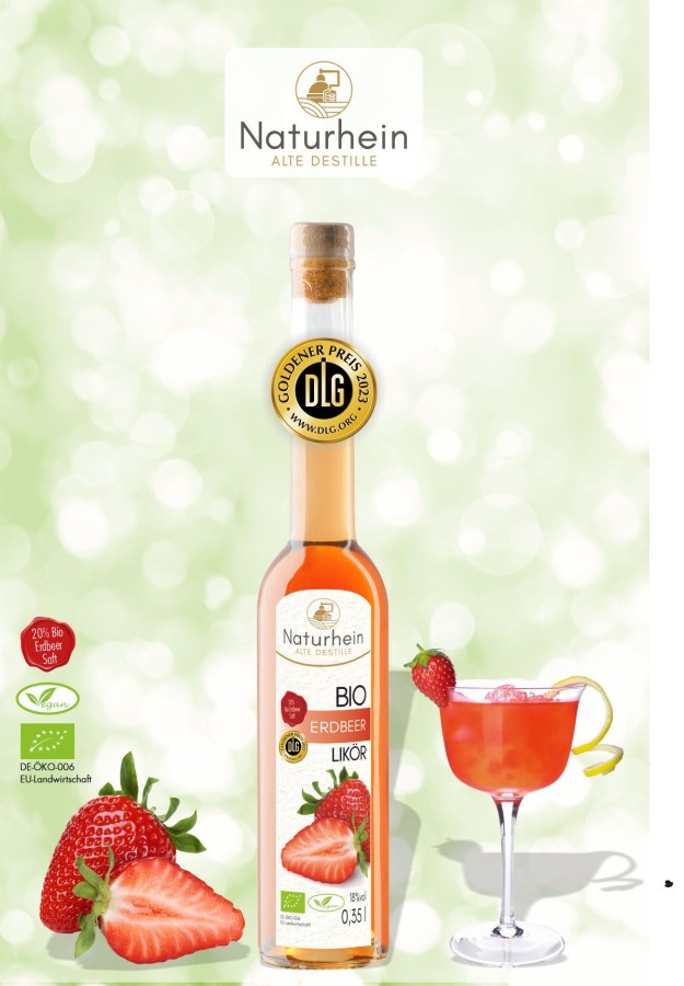 Veganer Bio Erdbeerlikör, mit 20% Bio Erdbeer Saft. Pressefoto NatuRhein Heinz Spitz, zur freien Verwendung Veganer Bio Erdbeerlikör, mit 20% Bio Erdbeer Saft. Pressefoto NatuRhein Heinz Spitz, zur freien Verwendung