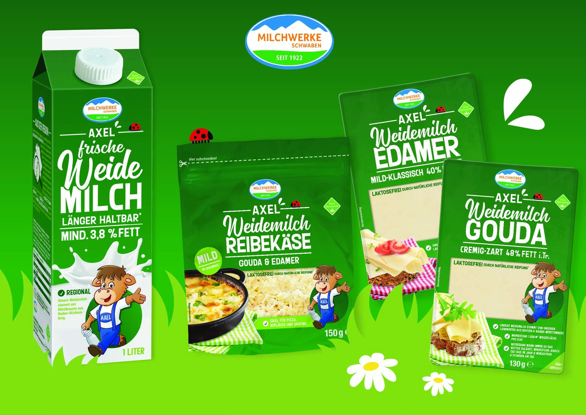 Das aktuelle AXEL Weidemilch Sortiment. (Bildquelle: MIlchwerke Schwaben) Das aktuelle AXEL Weidemilch Sortiment. (Bildquelle: MIlchwerke Schwaben)