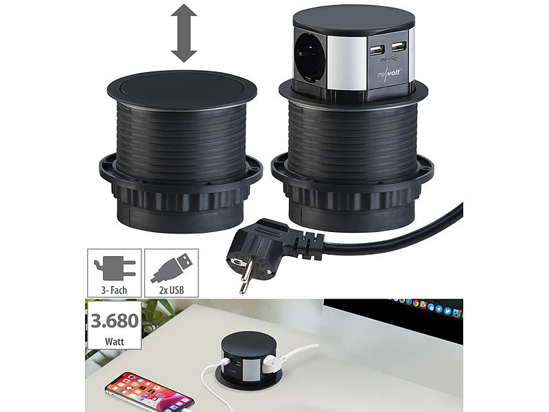 revolt Versenkbare Einbau-Tisch-Steckdose, 3-fach, 2x USB,Ø100 mm, schwarz, www.pearl.de (Die Bildrechte liegen bei dem Verfasser der Mitteilung.) revolt Versenkbare Einbau-Tisch-Steckdose, 3-fach, 2x USB,Ø100 mm, schwarz, www.pearl.de (Die Bildrechte liegen bei dem Verfasser der Mitteilung.)