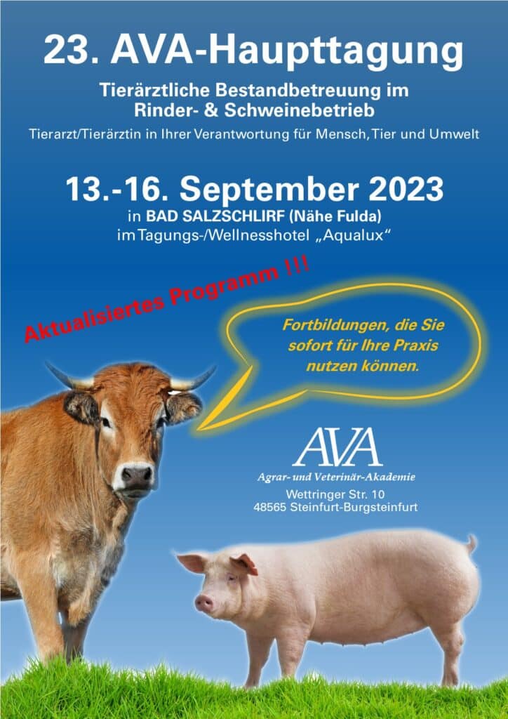 Die 23. AVA-Haupttagung ist das jährliche Fortbildungs-Highlight für Tierärzte der Nutztierpraxis (Die Bildrechte liegen bei dem Verfasser der Mitteilung.) Die 23. AVA-Haupttagung ist das jährliche Fortbildungs-Highlight für Tierärzte der Nutztierpraxis (Die Bildrechte liegen bei dem Verfasser der Mitteilung.)