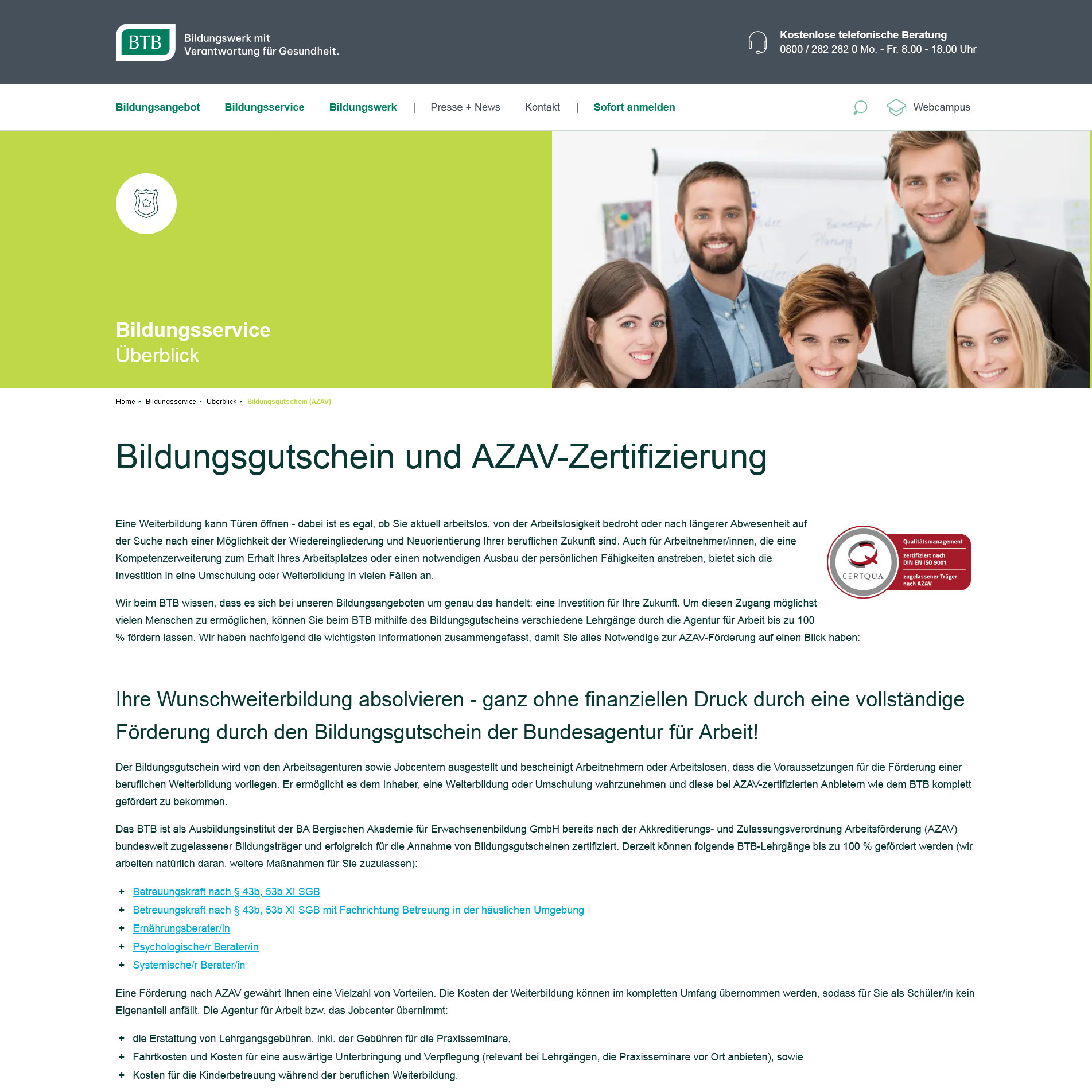 Bildungsgutschein und AZAV-Zertifizierung beim BTB-Bildungswerk für therapeutische Berufe (Die Bildrechte liegen bei dem Verfasser der Mitteilung.)