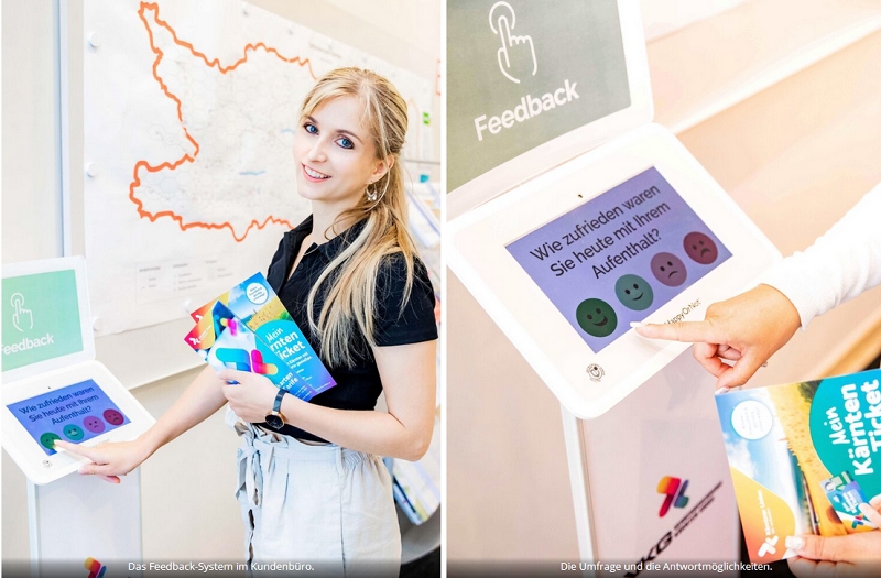 Messung der Kundenzufriedenheit mit Smiley Terminals (Bildquelle: Verkehrsverbund Kärnten) Messung der Kundenzufriedenheit mit Smiley Terminals (Bildquelle: Verkehrsverbund Kärnten)