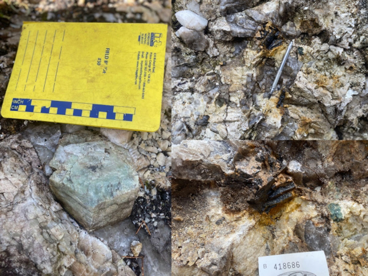 Berryl und Tantalit in einem White Willow-Pegmatit; Foto: Usha Resources Berryl und Tantalit in einem White Willow-Pegmatit; Foto: Usha Resources