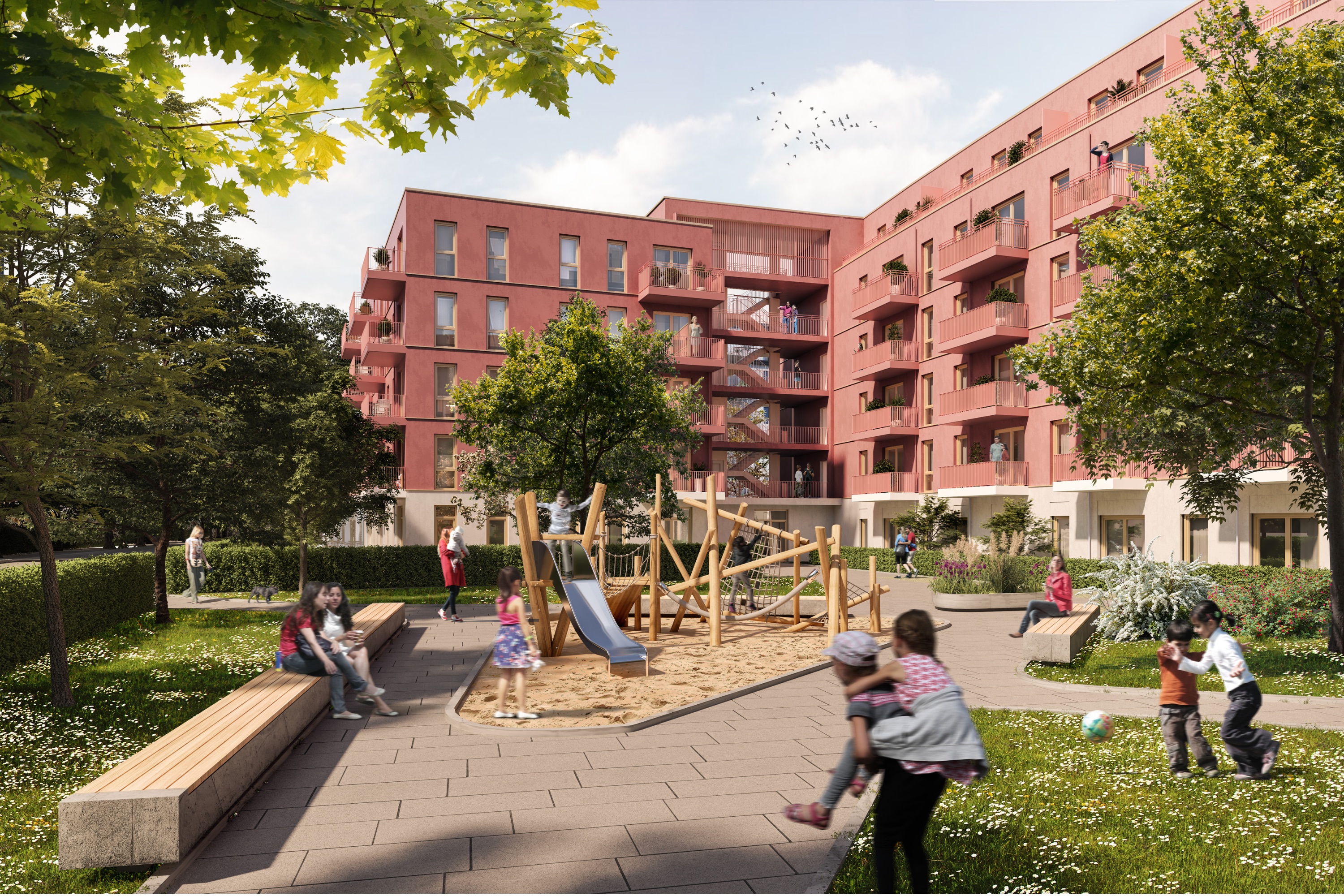 Ein Spielplatz und eine Kita ergänzen das Wohnquartier. Copyright: Lakeward Management AG