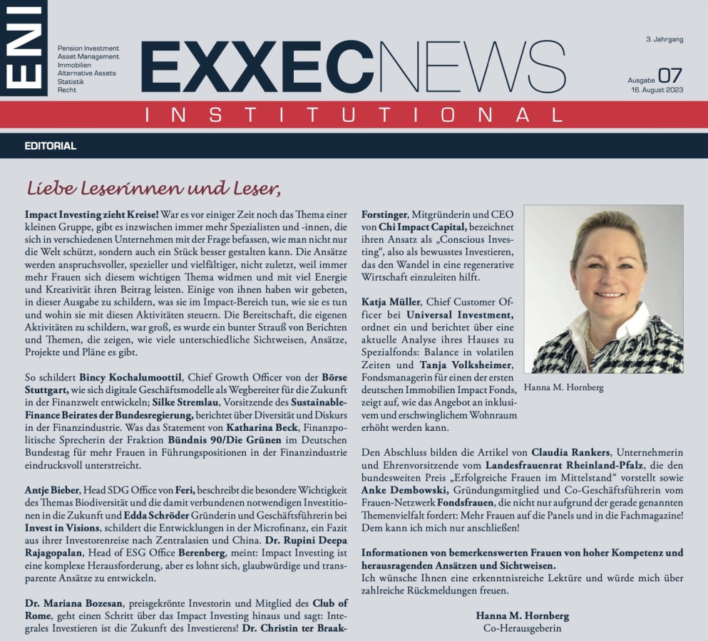 EXXECNEWS INSTITUTIONAL 07/2023: Bessere ESG-Performance durch Frauen in Führungspositionen (© EXXECNEWS INSTITUTIONAL) EXXECNEWS INSTITUTIONAL 07/2023: Bessere ESG-Performance durch Frauen in Führungspositionen (© EXXECNEWS INSTITUTIONAL)