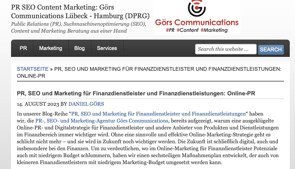 PR, SEO und Marketing für Finanzdienstleister und Finanzdienstleistungen: Online-PR (Die Bildrechte liegen bei dem Verfasser der Mitteilung.)