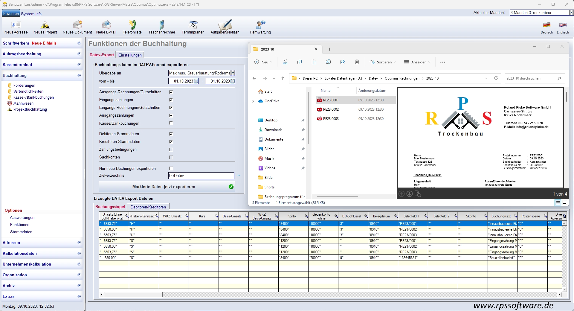 DATEV-Export aus der Handwerkersoftware Optimus (Die Bildrechte liegen bei dem Verfasser der Mitteilung.)