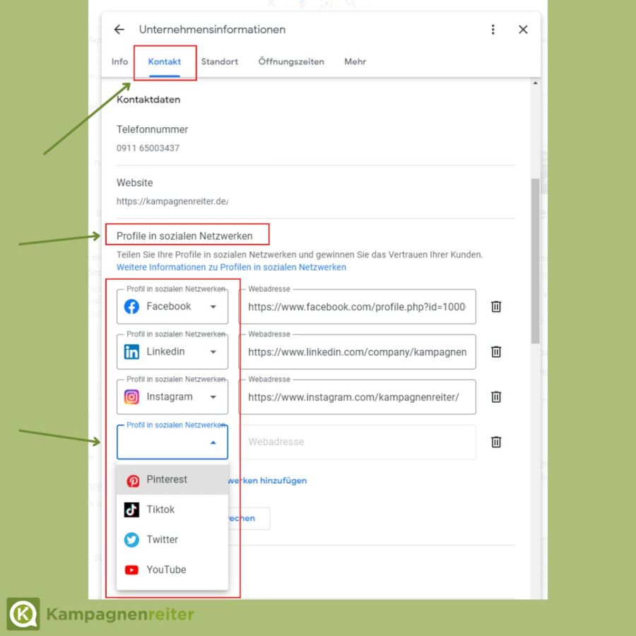 Social Media Links ins Google Business Profile integrieren (© Screenshot Google)
