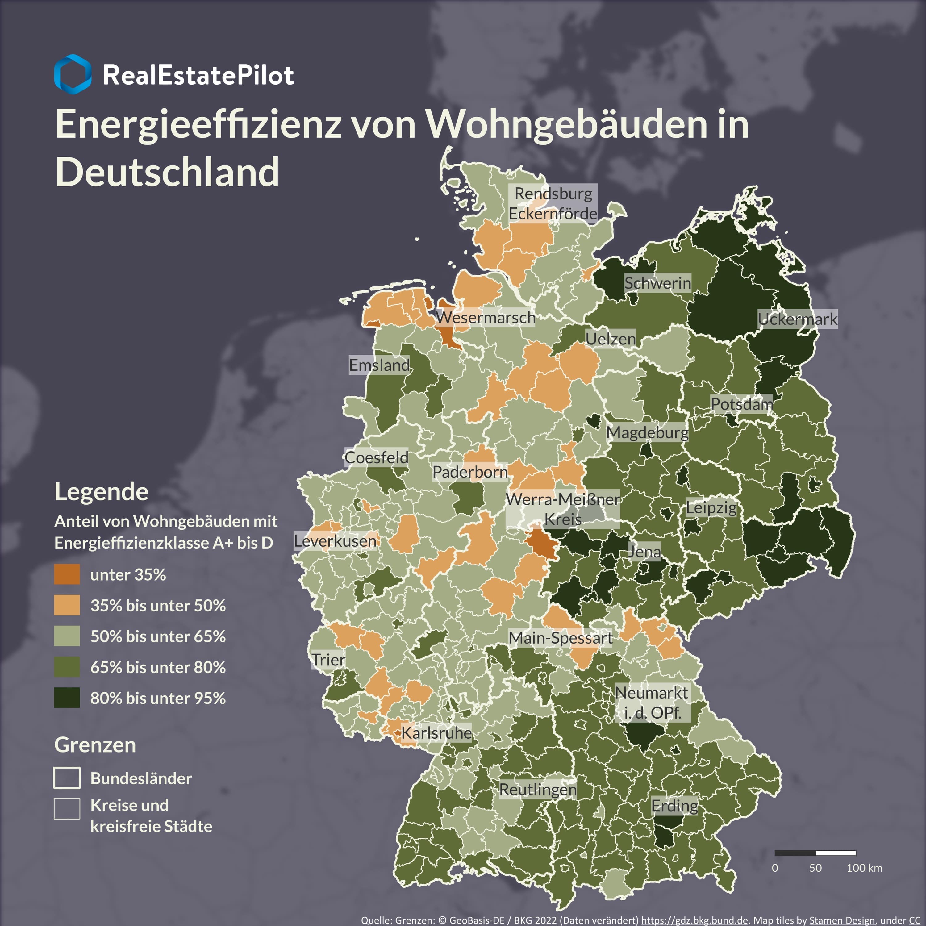 Karte: Energieeffizienz nach Kreisen und kreisfreien Städten (Die Bildrechte liegen bei dem Verfasser der Mitteilung.)