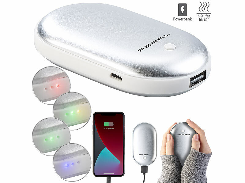 PEARL 2in1-Powerbank PB-280 mit Handwärmer, 4.000 mAh, 3 Temperaturstufen, silber, www.pearl.de (Die Bildrechte liegen bei dem Verfasser der Mitteilung.) PEARL 2in1-Powerbank PB-280 mit Handwärmer, 4.000 mAh, 3 Temperaturstufen, silber, www.pearl.de (Die Bildrechte liegen bei dem Verfasser der Mitteilung.)