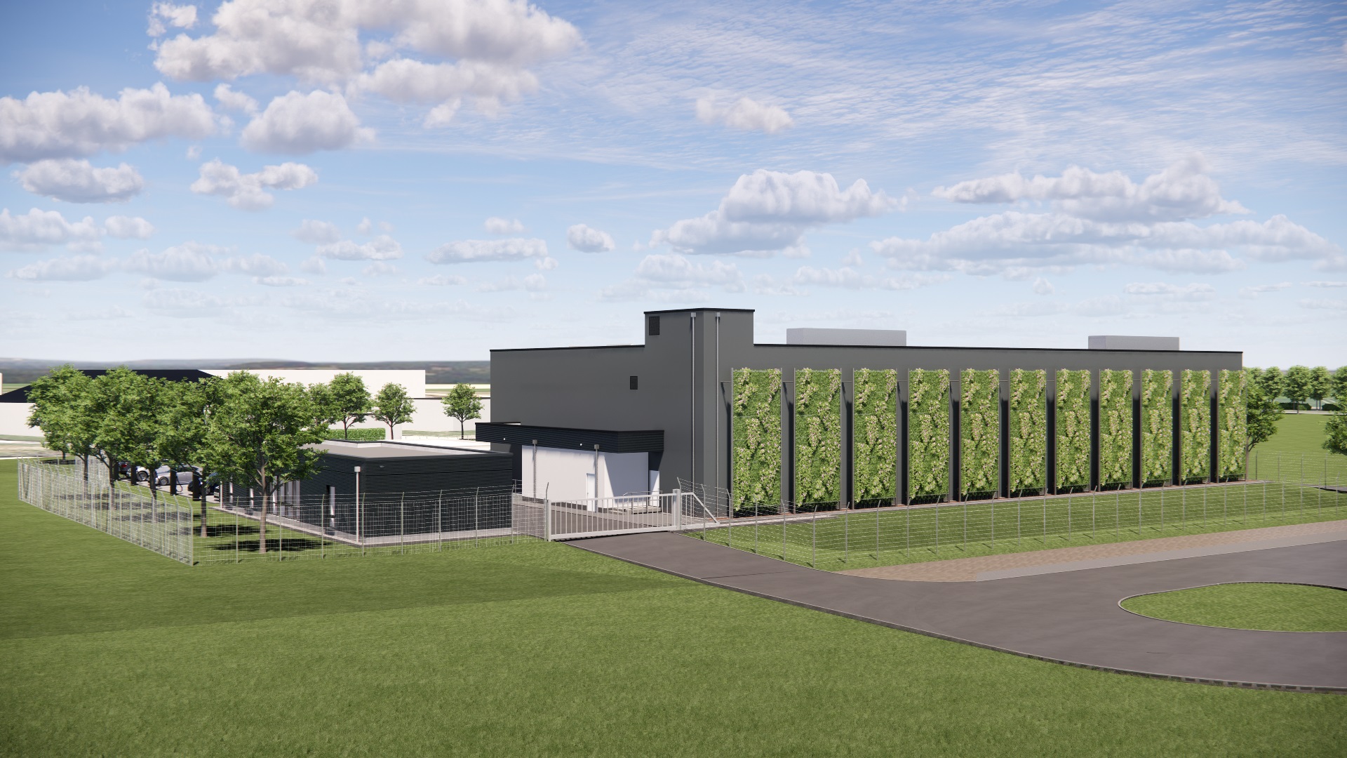Zum Nachhaltigkeitskonzept gehören eine PV-Freiflächenanlage und eine innovative Fassadenbegrünung (Bildquelle: enviaM-Gruppe)