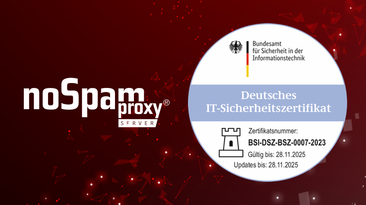 Nur NoSpamProxy ist vom BSI für E-Mail-Sicherheit zertifiziert. (Die Bildrechte liegen bei dem Verfasser der Mitteilung.) Nur NoSpamProxy ist vom BSI für E-Mail-Sicherheit zertifiziert. (Die Bildrechte liegen bei dem Verfasser der Mitteilung.)