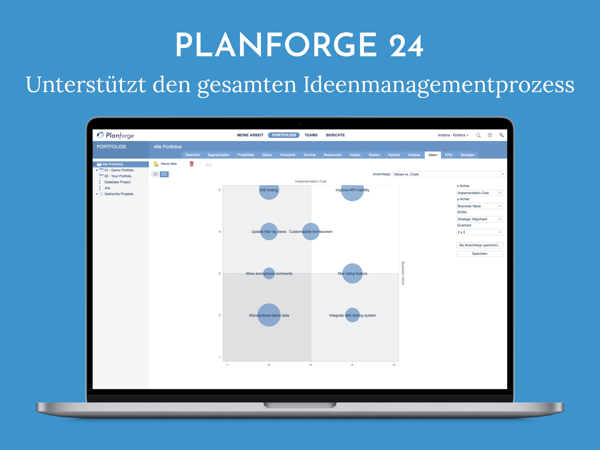 Ideen-Blasendiagramm von Planforge mit konfigurierbaren Bewertungskriterien (Bildquelle: Planforge) Ideen-Blasendiagramm von Planforge mit konfigurierbaren Bewertungskriterien (Bildquelle: Planforge)