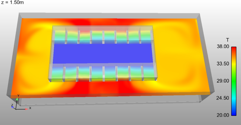 Temperaturverteilung des Ausgangsmodells eines Serverraums (Bildquelle: @Merkle CAE Solutions GmbH) Temperaturverteilung des Ausgangsmodells eines Serverraums (Bildquelle: @Merkle CAE Solutions GmbH)