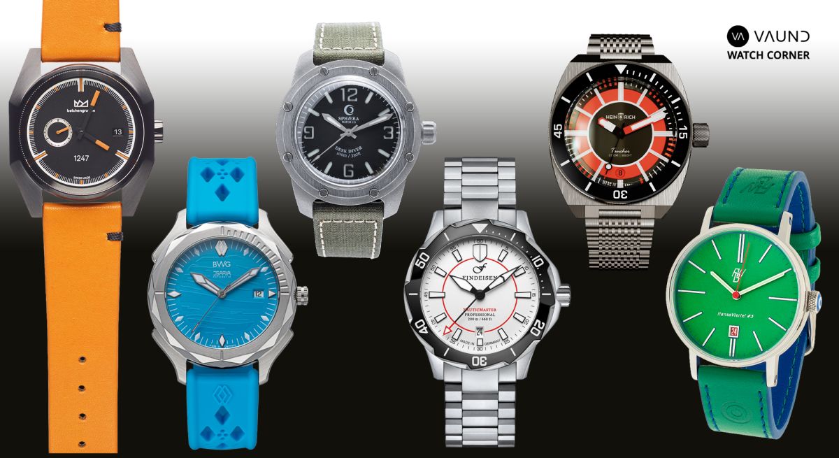 VAUND Watch Corner: Belchengruppe, BWG, Sphaera, Findeisen, Heinrich Watches und FWB (li. na. re.) (© Martin Zettl, Findeisen) VAUND Watch Corner: Belchengruppe, BWG, Sphaera, Findeisen, Heinrich Watches und FWB (li. na. re.) (© Martin Zettl, Findeisen)