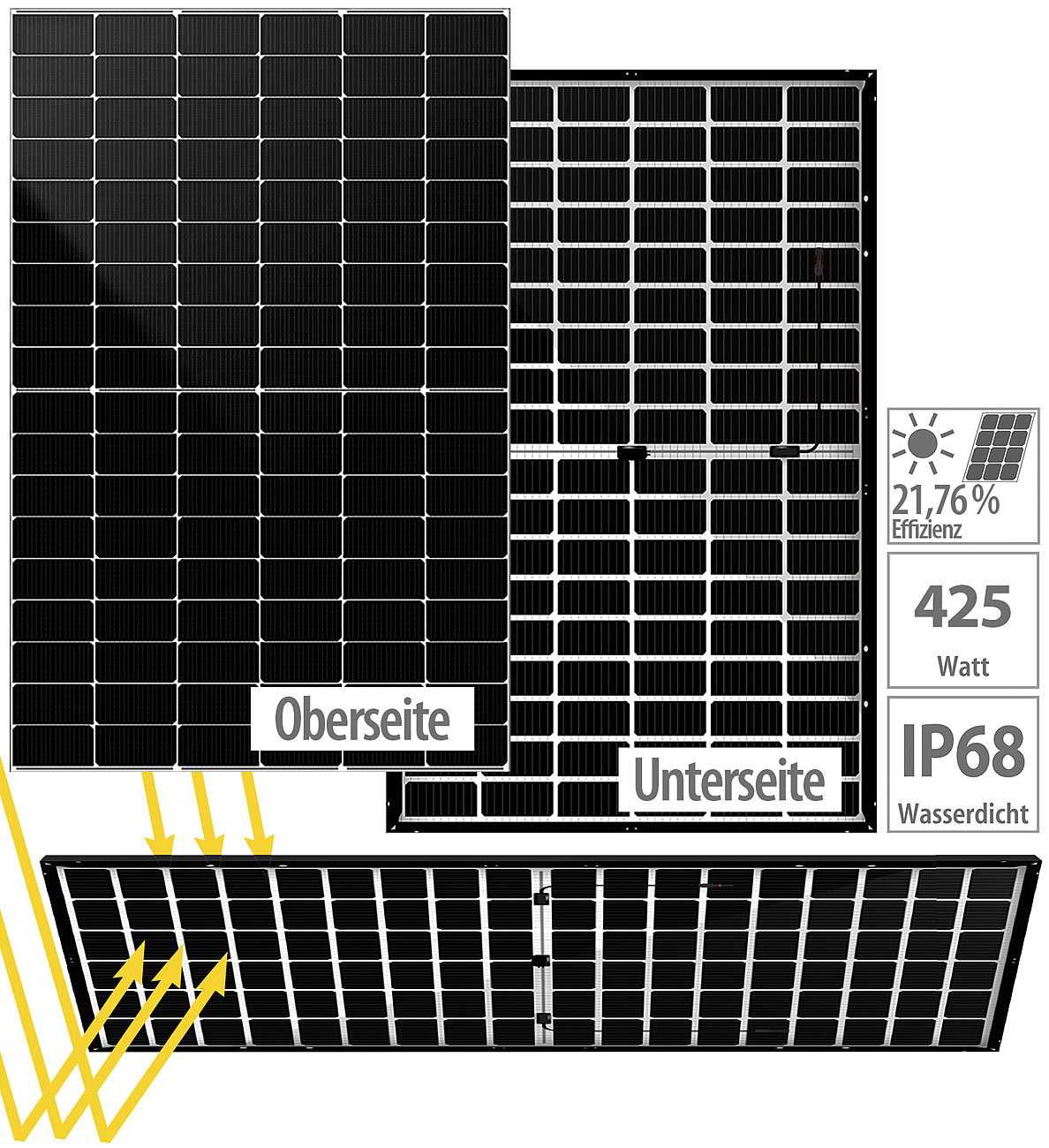DAH Solar Monokristallines, bifaziales Glas-Glas-Solarmodul, 425 Watt, IP68, www.pearl.de (Die Bildrechte liegen bei dem Verfasser der Mitteilung.) DAH Solar Monokristallines, bifaziales Glas-Glas-Solarmodul, 425 Watt, IP68, www.pearl.de (Die Bildrechte liegen bei dem Verfasser der Mitteilung.)