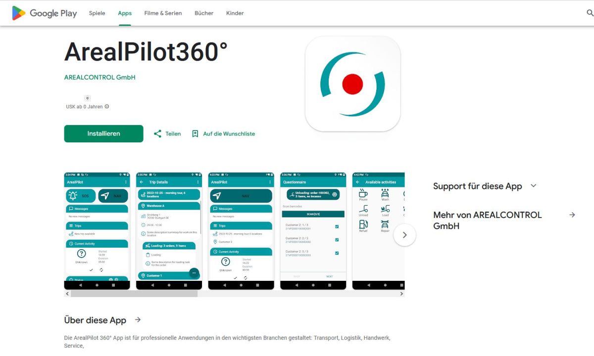 ArealPilot 360° App im Google PlayStore: Workflow Fragebogen Tätigkeiten Ortung Tracking Chat! (© AREALCONTROL GmbH) ArealPilot 360° App im Google PlayStore: Workflow Fragebogen Tätigkeiten Ortung Tracking Chat! (© AREALCONTROL GmbH)