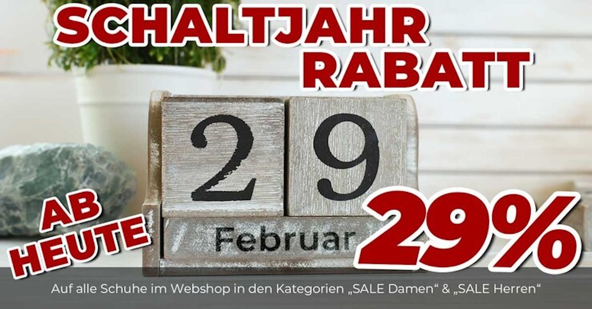 schuhplus - Schuhe inÜbergrößen - feiert Schaltjahr mit 29 % Rabatt auf große Schuhe (Die Bildrechte liegen bei dem Verfasser der Mitteilung.)