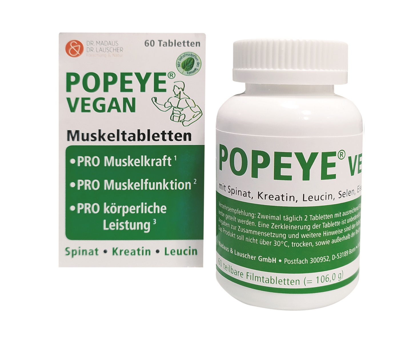 Popeye Vegan: Ausgewählte Nährstoffkombination zur Unterstützung der Muskulatur (Bildquelle: Madaus& Lauscher GmbH) Popeye Vegan: Ausgewählte Nährstoffkombination zur Unterstützung der Muskulatur (Bildquelle: Madaus& Lauscher GmbH)
