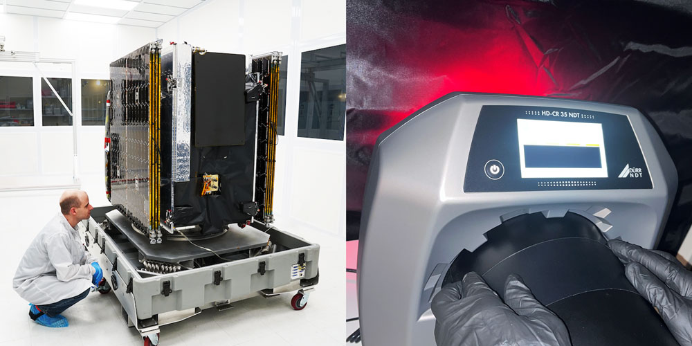 Astranis Satellit und HD-CR 35 NDT Computer-Radiographie-Scanner Astranis Satellit und HD-CR 35 NDT Computer-Radiographie-Scanner